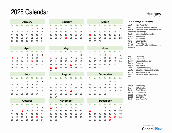 Holiday Calendar 2026 for Hungary (Sunday Start)