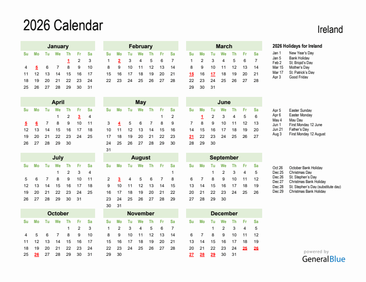 Holiday Calendar 2026 for Ireland (Sunday Start)