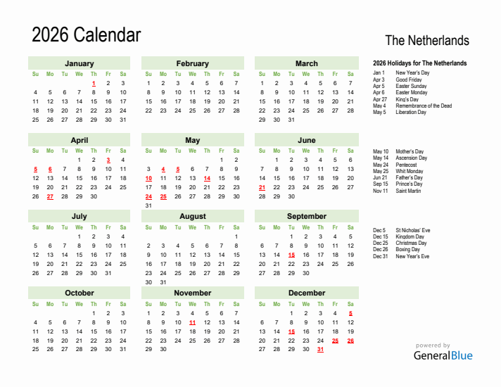 Holiday Calendar 2026 for The Netherlands (Sunday Start)