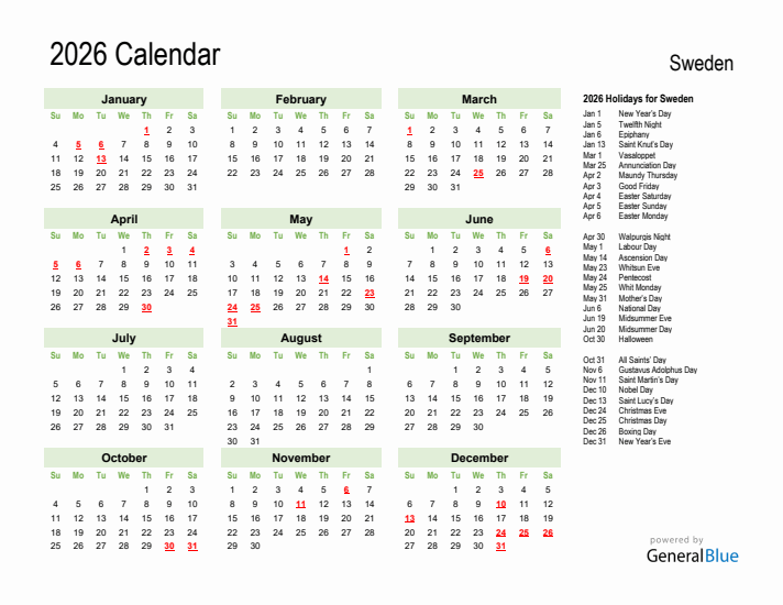 Holiday Calendar 2026 for Sweden (Sunday Start)