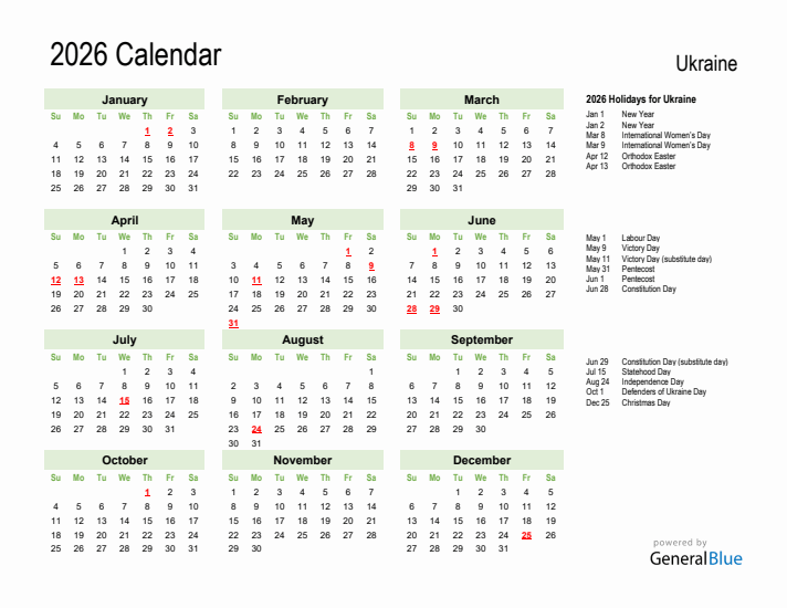 Holiday Calendar 2026 for Ukraine (Sunday Start)