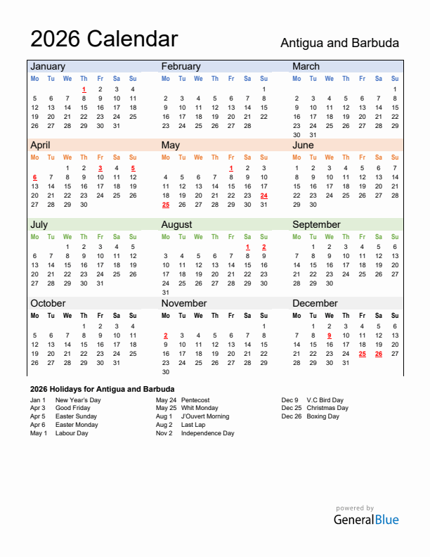 Calendar 2026 with Antigua and Barbuda Holidays