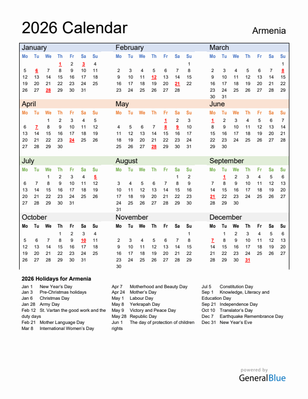 Calendar 2026 with Armenia Holidays