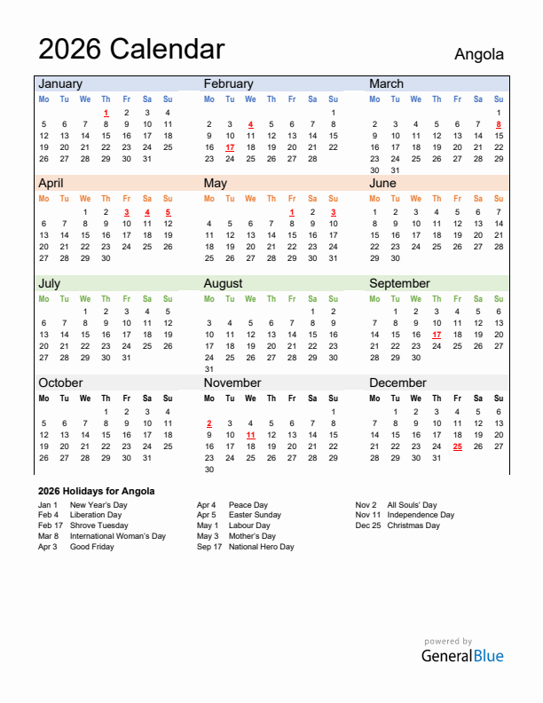 Calendar 2026 with Angola Holidays