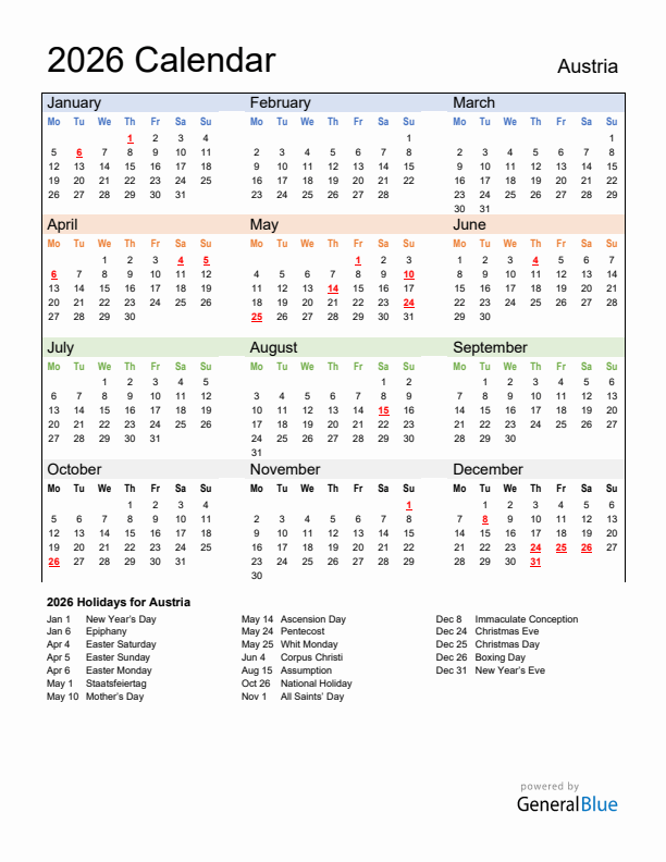 Calendar 2026 with Austria Holidays