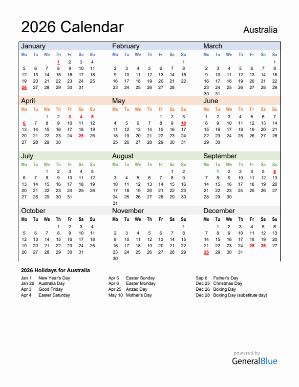 Calendar 2026 with Australia Holidays