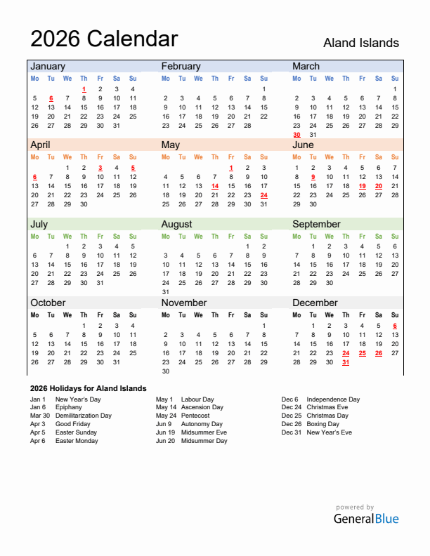 Calendar 2026 with Aland Islands Holidays