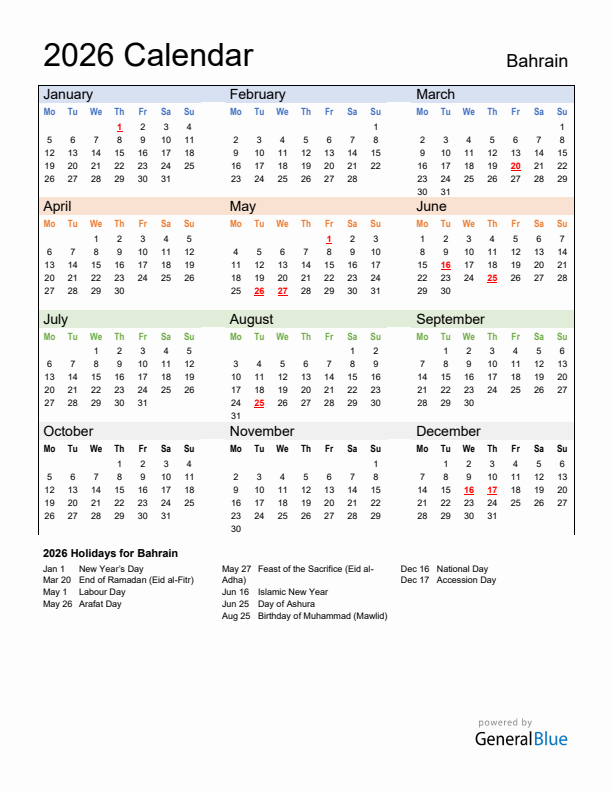 Calendar 2026 with Bahrain Holidays