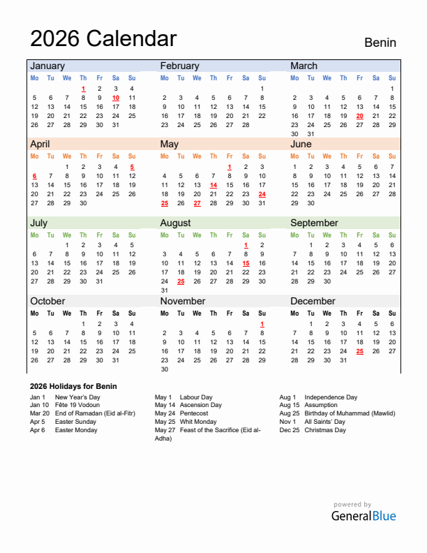 Calendar 2026 with Benin Holidays