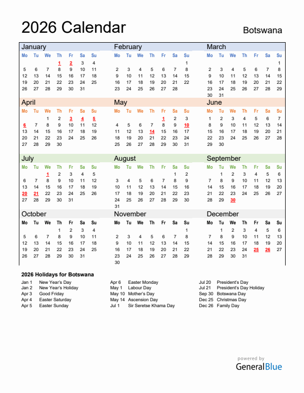 Calendar 2026 with Botswana Holidays