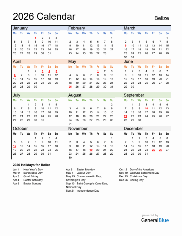 Calendar 2026 with Belize Holidays