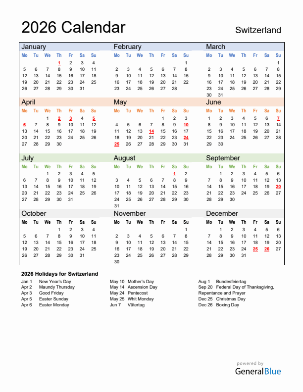 Calendar 2026 with Switzerland Holidays