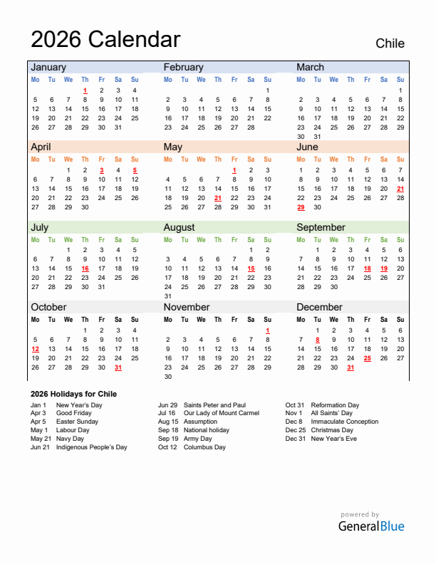 Calendar 2026 with Chile Holidays