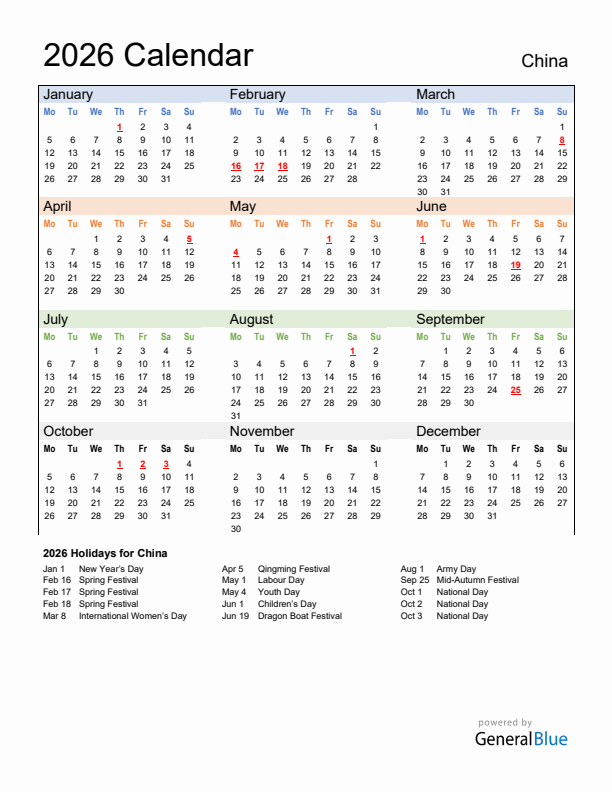 Calendar 2026 with China Holidays