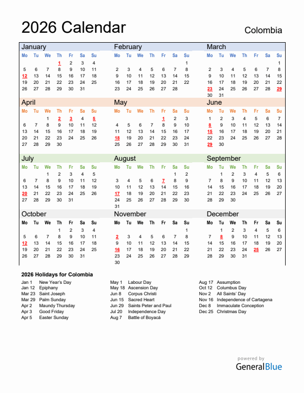 Calendar 2026 with Colombia Holidays