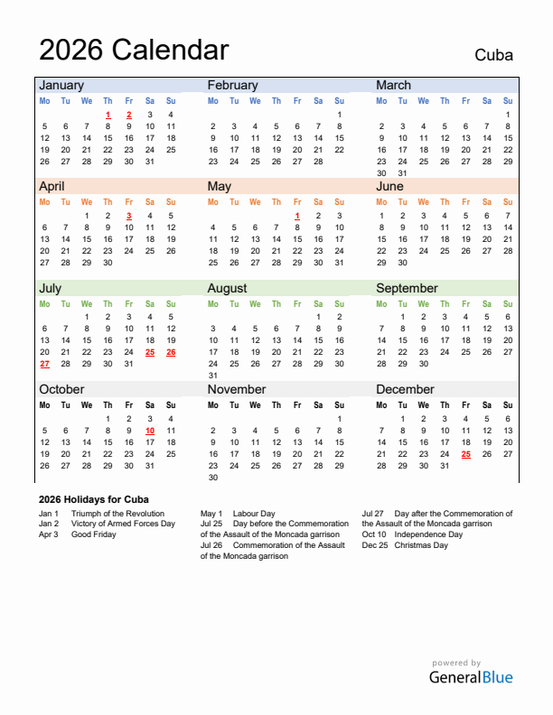 Calendar 2026 with Cuba Holidays