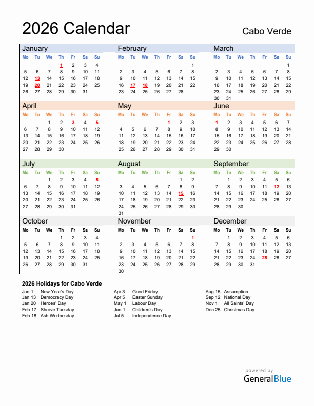 Calendar 2026 with Cabo Verde Holidays