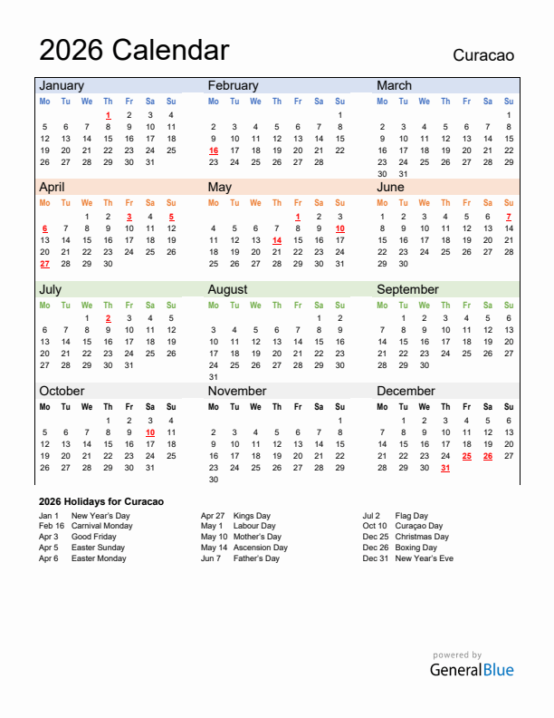 Calendar 2026 with Curacao Holidays