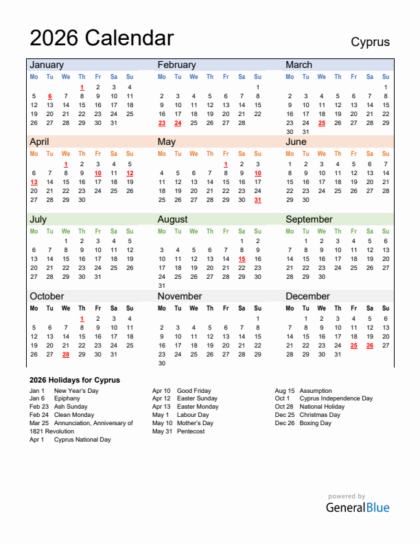 Calendar 2026 with Cyprus Holidays