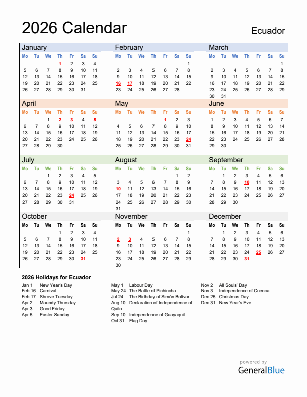 Calendar 2026 with Ecuador Holidays