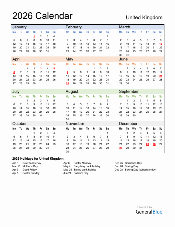 Calendar 2026 with United Kingdom Holidays