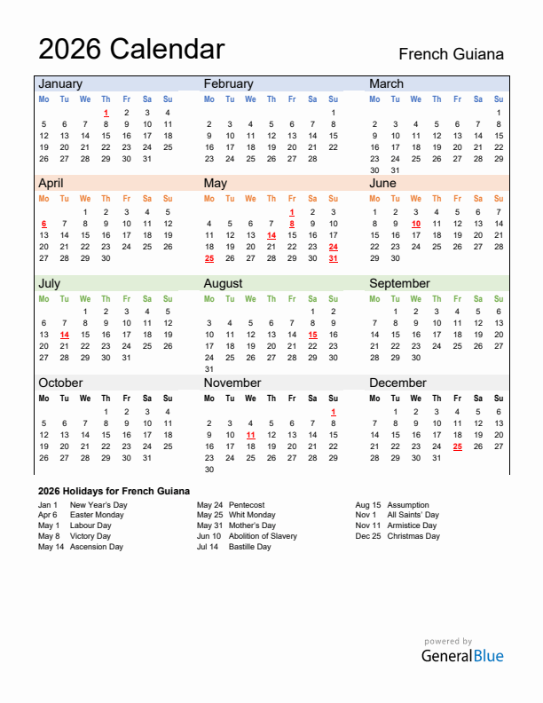 Calendar 2026 with French Guiana Holidays