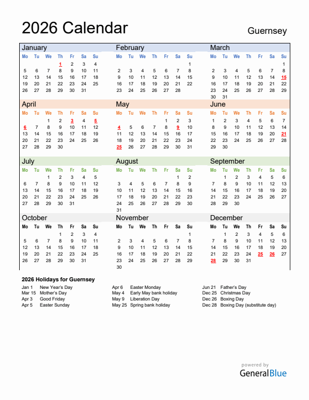 Calendar 2026 with Guernsey Holidays