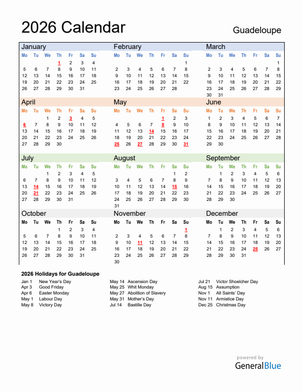 Calendar 2026 with Guadeloupe Holidays