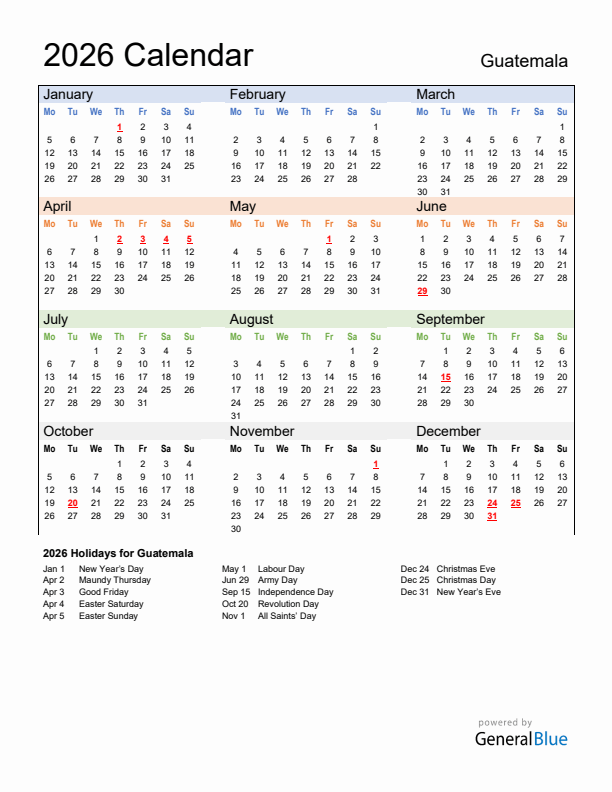 Calendar 2026 with Guatemala Holidays