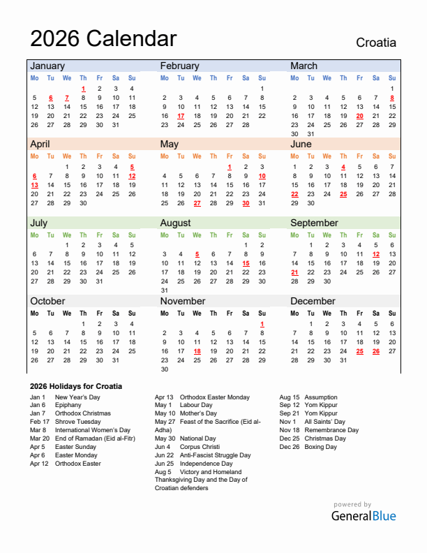 Calendar 2026 with Croatia Holidays