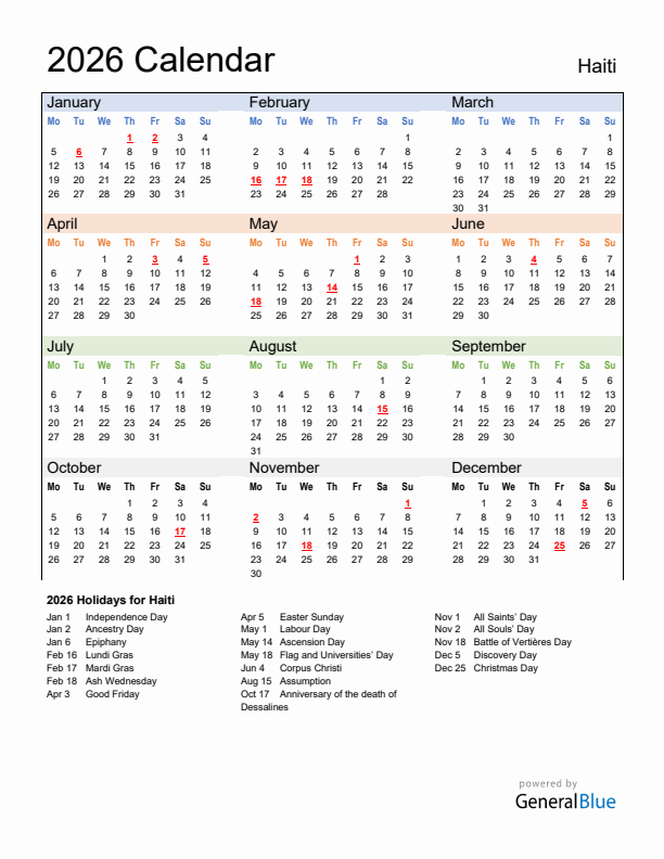 Calendar 2026 with Haiti Holidays