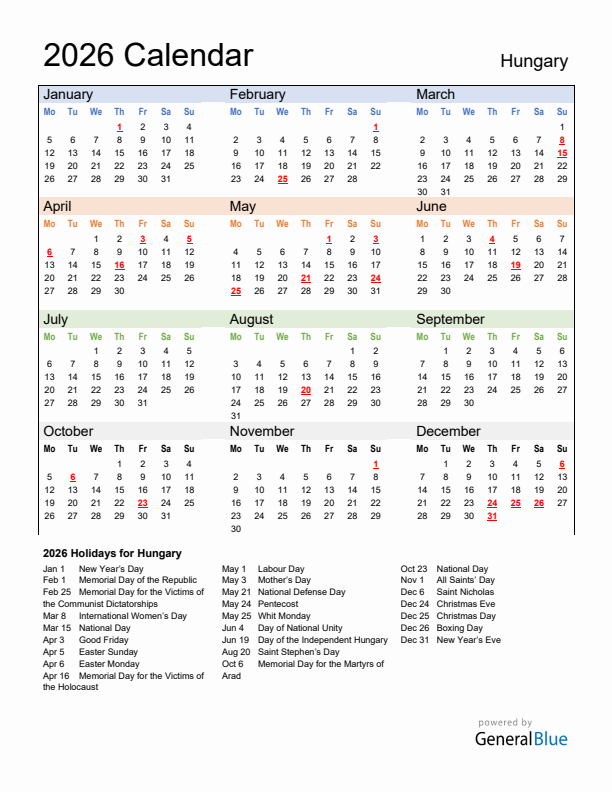 Calendar 2026 with Hungary Holidays