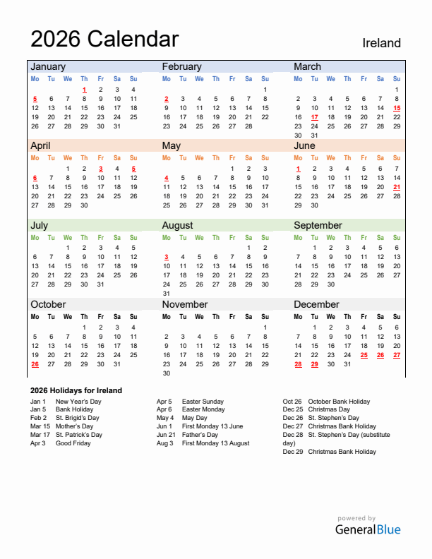 Calendar 2026 with Ireland Holidays