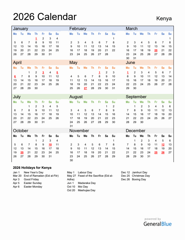 Calendar 2026 with Kenya Holidays