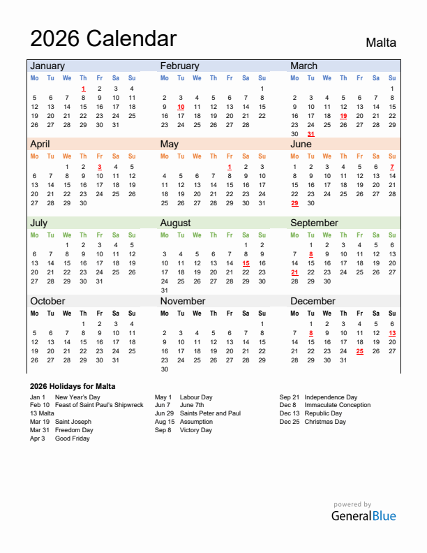 Calendar 2026 with Malta Holidays