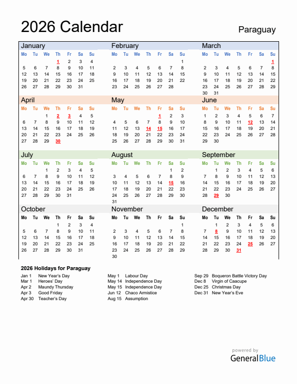 Calendar 2026 with Paraguay Holidays