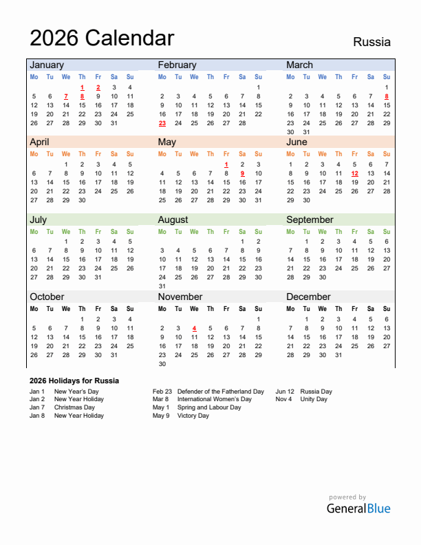 Calendar 2026 with Russia Holidays