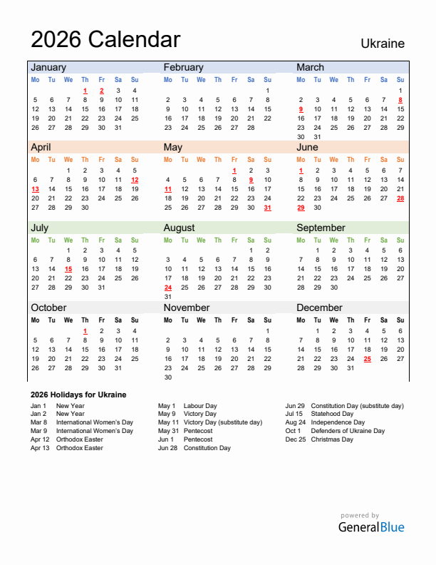 Calendar 2026 with Ukraine Holidays