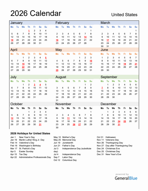 Calendar 2026 with United States Holidays