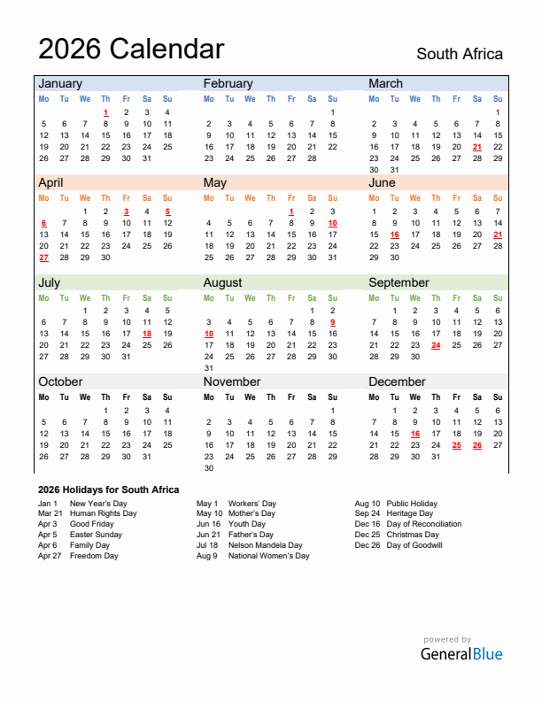 Calendar 2026 with South Africa Holidays