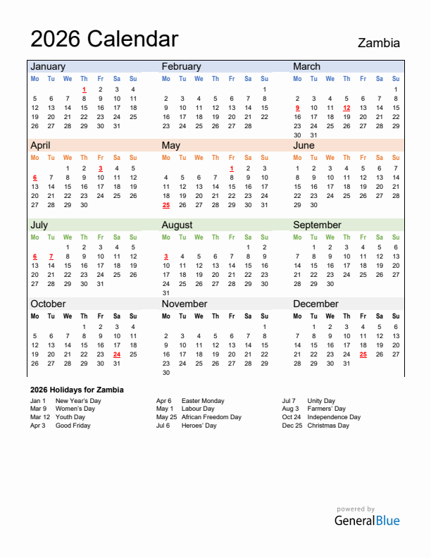 Calendar 2026 with Zambia Holidays