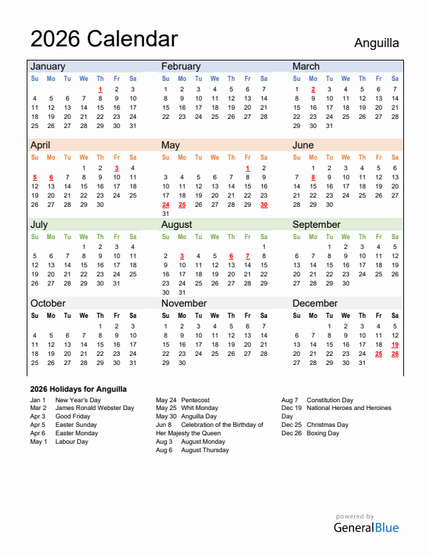 Calendar 2026 with Anguilla Holidays