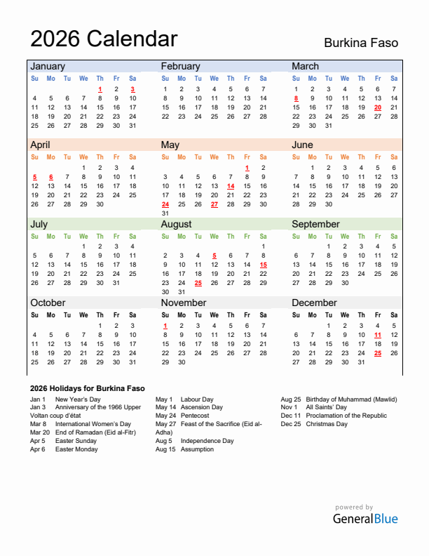 Calendar 2026 with Burkina Faso Holidays