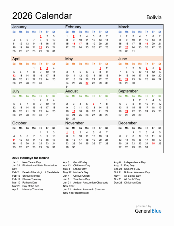 Calendar 2026 with Bolivia Holidays