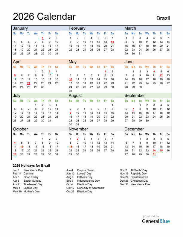 Calendar 2026 with Brazil Holidays