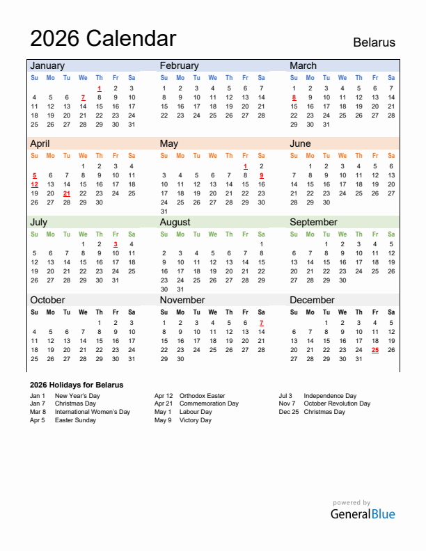 Calendar 2026 with Belarus Holidays