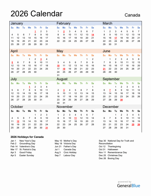 Calendar 2026 with Canada Holidays