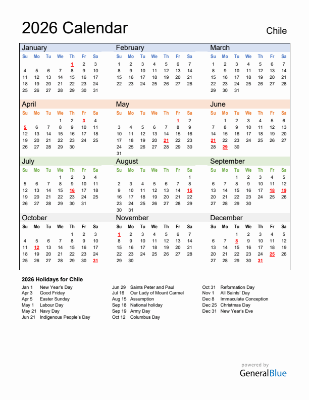 Calendar 2026 with Chile Holidays