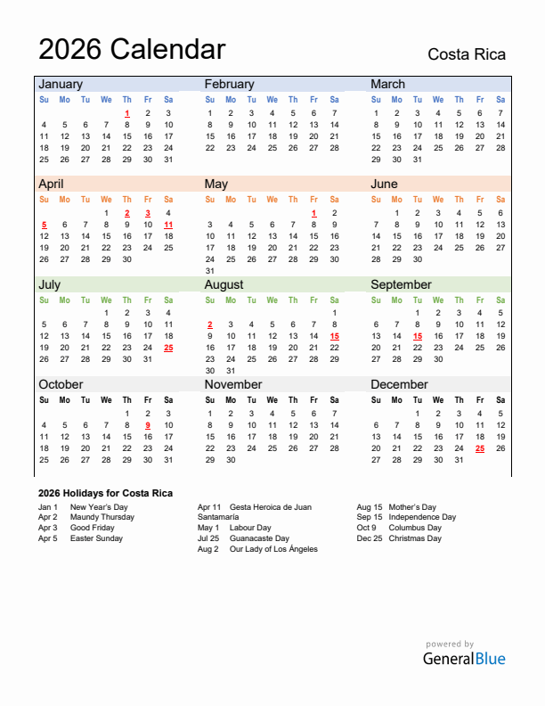 Calendar 2026 with Costa Rica Holidays