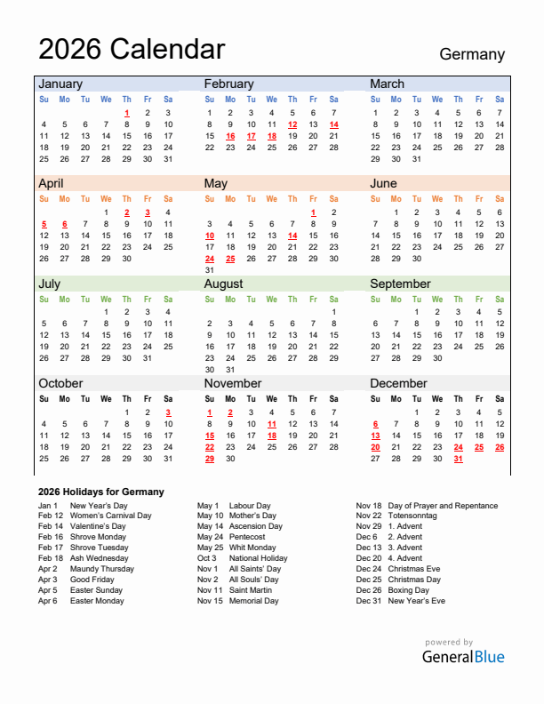 Calendar 2026 with Germany Holidays